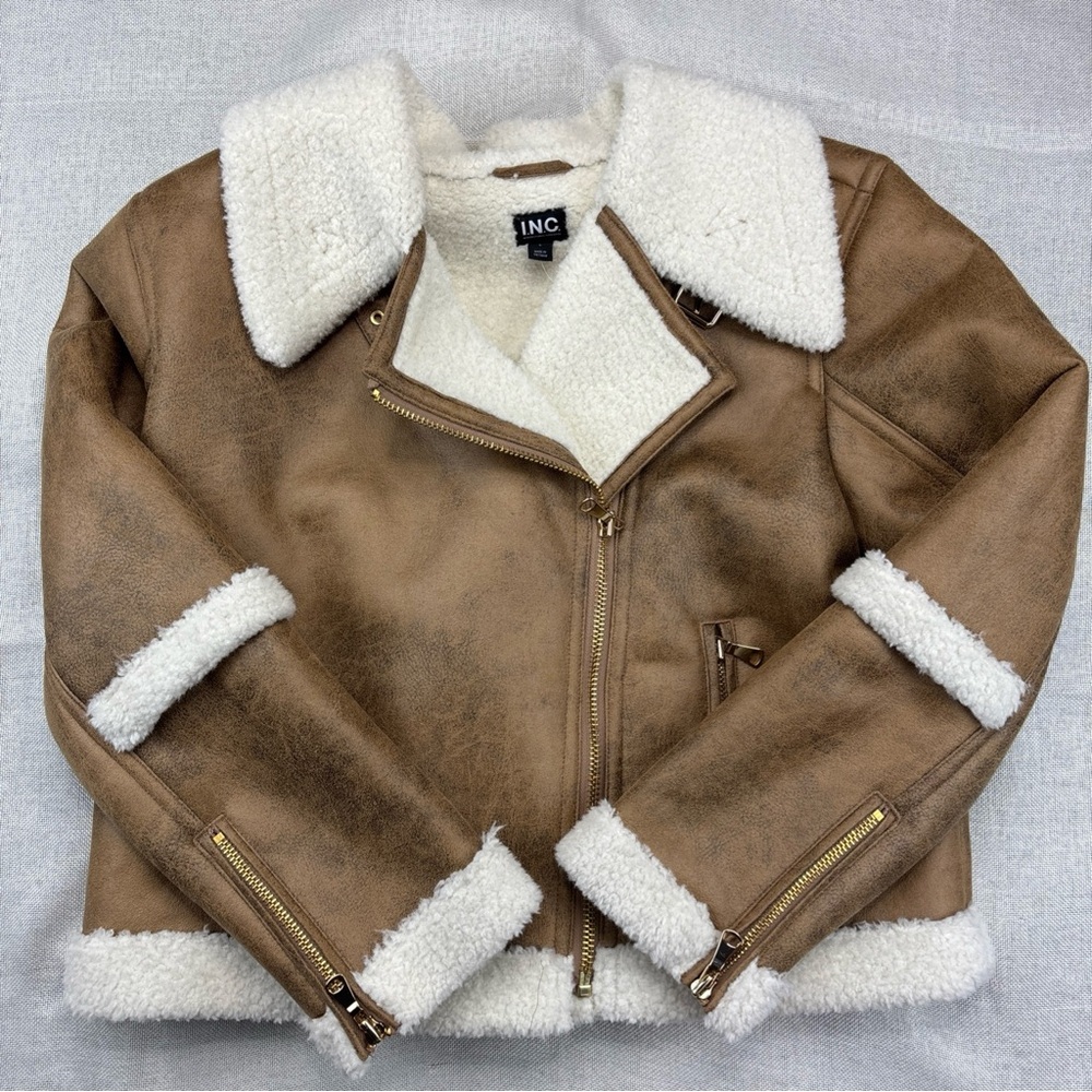 I.N.C. International Concepts Women's Cropped Faux-Leather Aviator Jacket Large